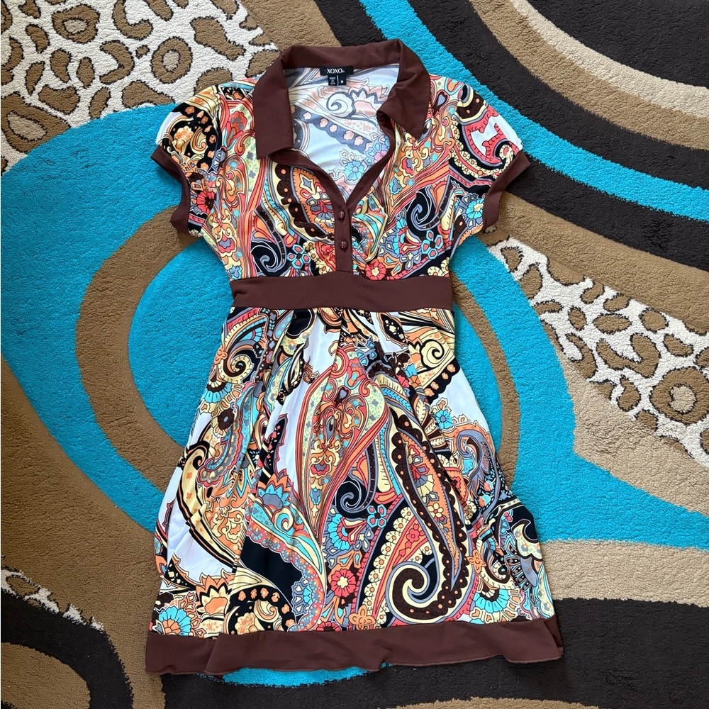 XOXO Vibrant Paisley Mini Dress with Brown Accents